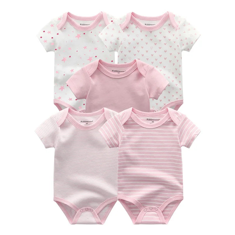 Set of 5 Summer Baby Bodysuits with Designs & Patterns – Unisex (0 to 6 months)