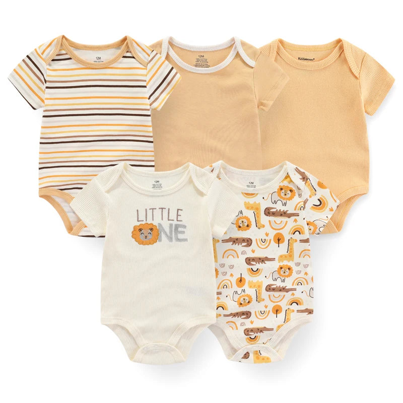 Set of 5 Summer Baby Bodysuits with Designs & Patterns – Unisex (0 to 6 months)