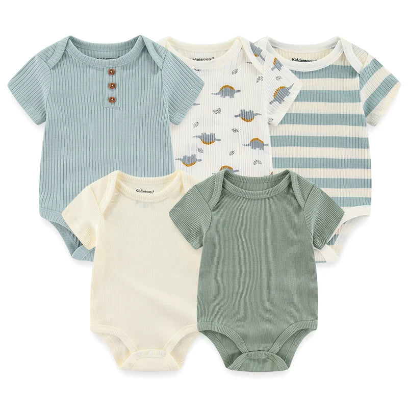 Set of 5 Summer Baby Bodysuits with Designs & Patterns – Unisex (0 to 6 months)