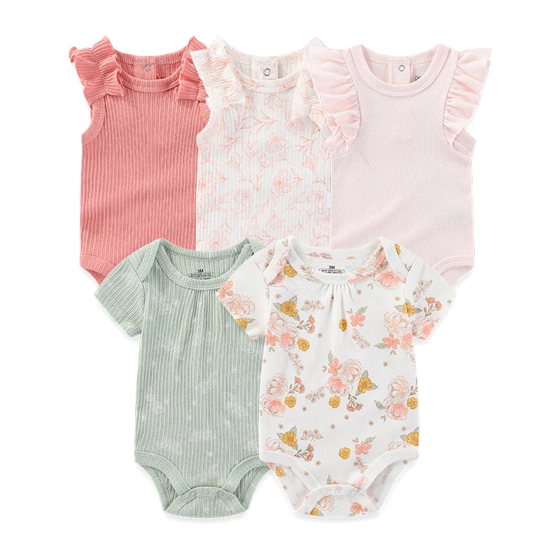 Set of 5 Summer Baby Bodysuits with Designs & Patterns – Unisex (0 to 6 months)