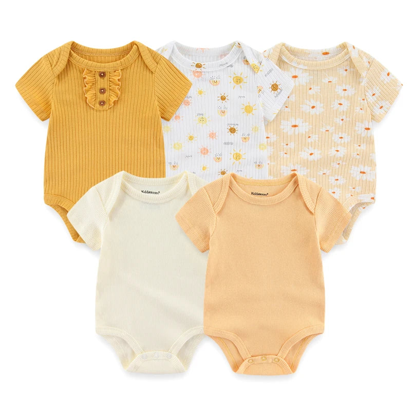 Set of 5 Summer Baby Bodysuits with Designs & Patterns – Unisex (0 to 6 months)