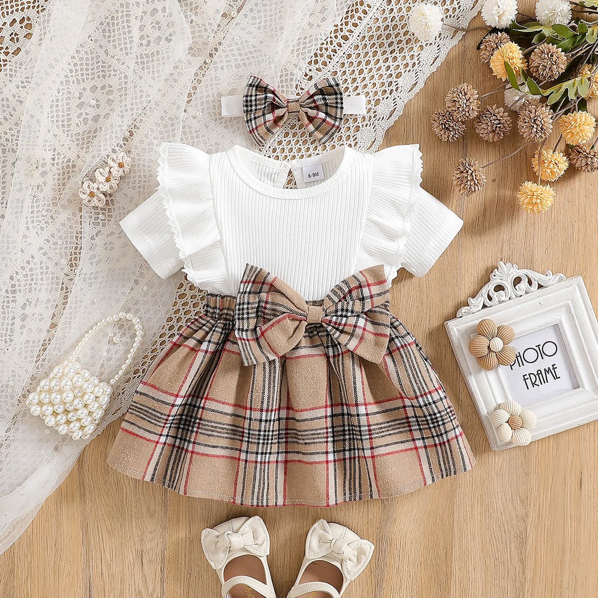 Summer Dress for Baby Girl – Plaid Design with Lace Ruffle Sleeves & Bow (6 Months – 3 Years)
