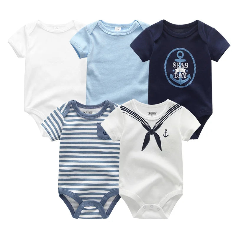 Set of 5 Summer Baby Bodysuits with Designs & Patterns – Unisex (0 to 6 months)