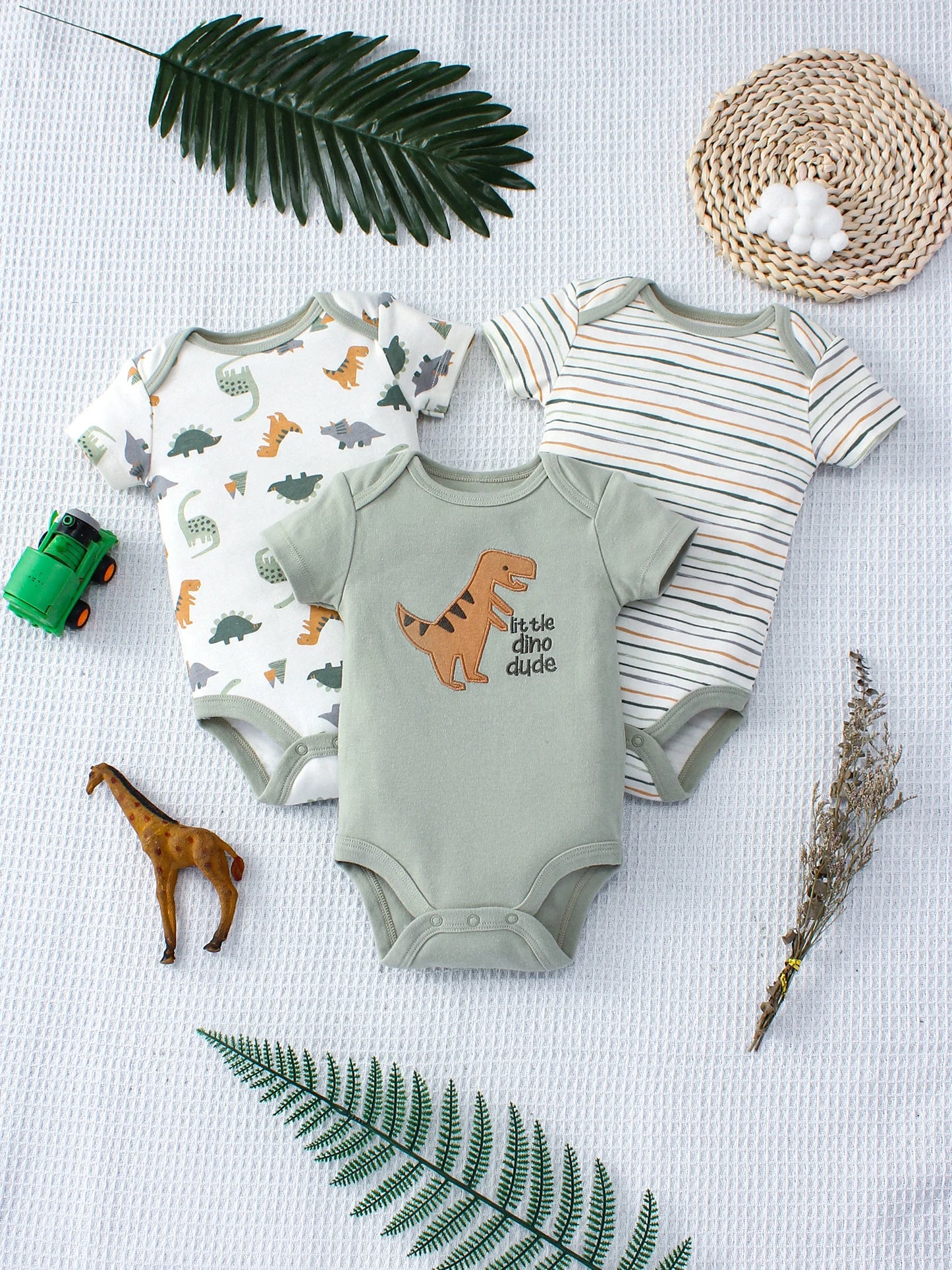 Boys' Onesie Set – Dinosaur and Stripes (3 pieces, 0–9 months)