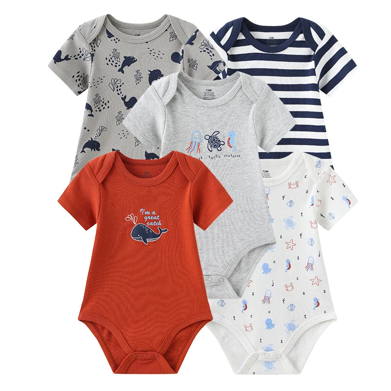 Set of 5 Summer Baby Bodysuits with Designs & Patterns – Unisex (0 to 6 months)