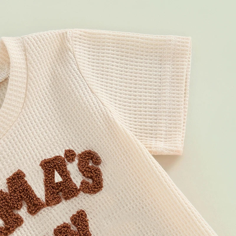 Summer Set for Boys with Embroidered Letter T-Shirt & Waffle Fabric Shorts – 2 Pieces (0 to 3 years)