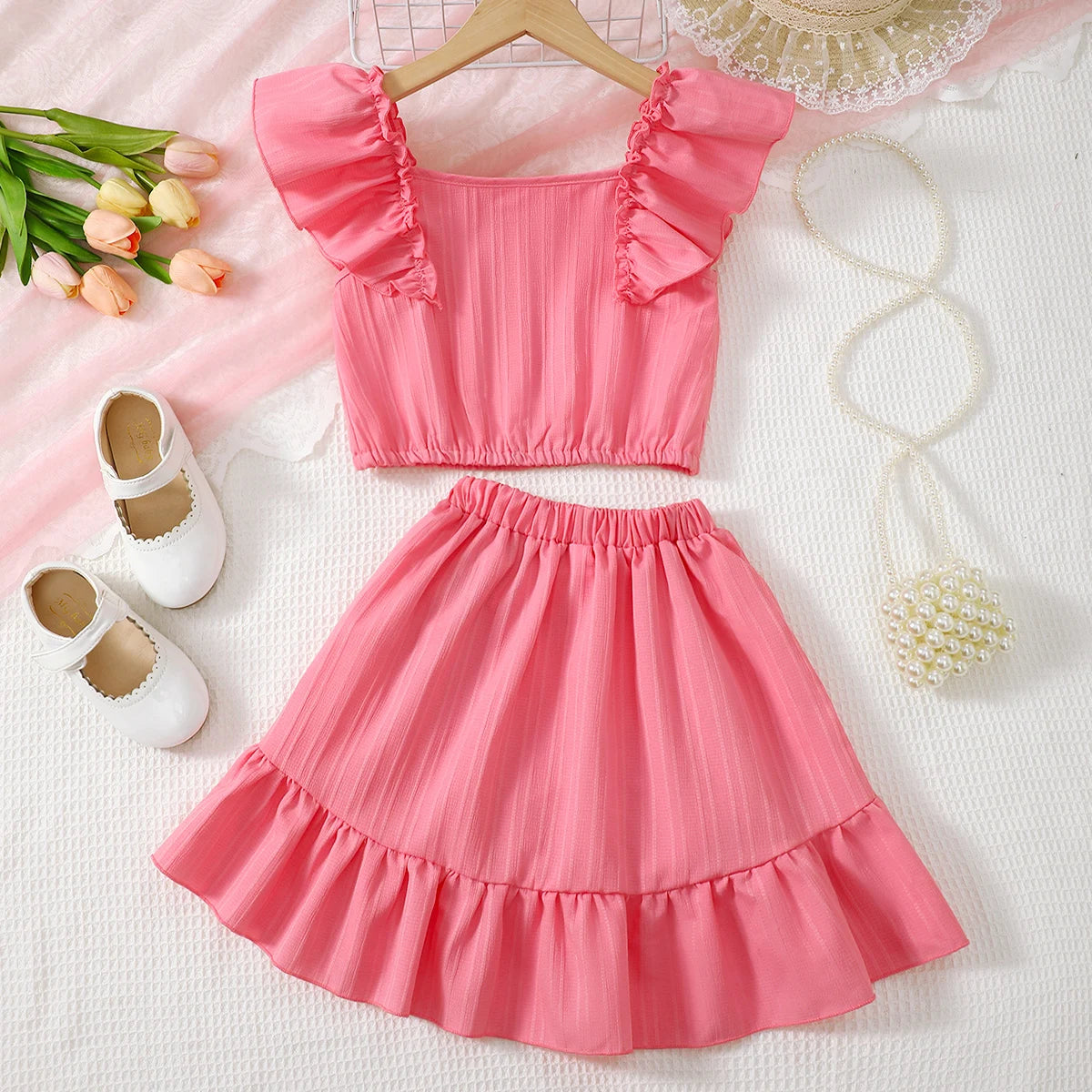 Summer Princess Set for Girls – Ruffle Blouse & Solid Short Skirt (8-12 Years)
