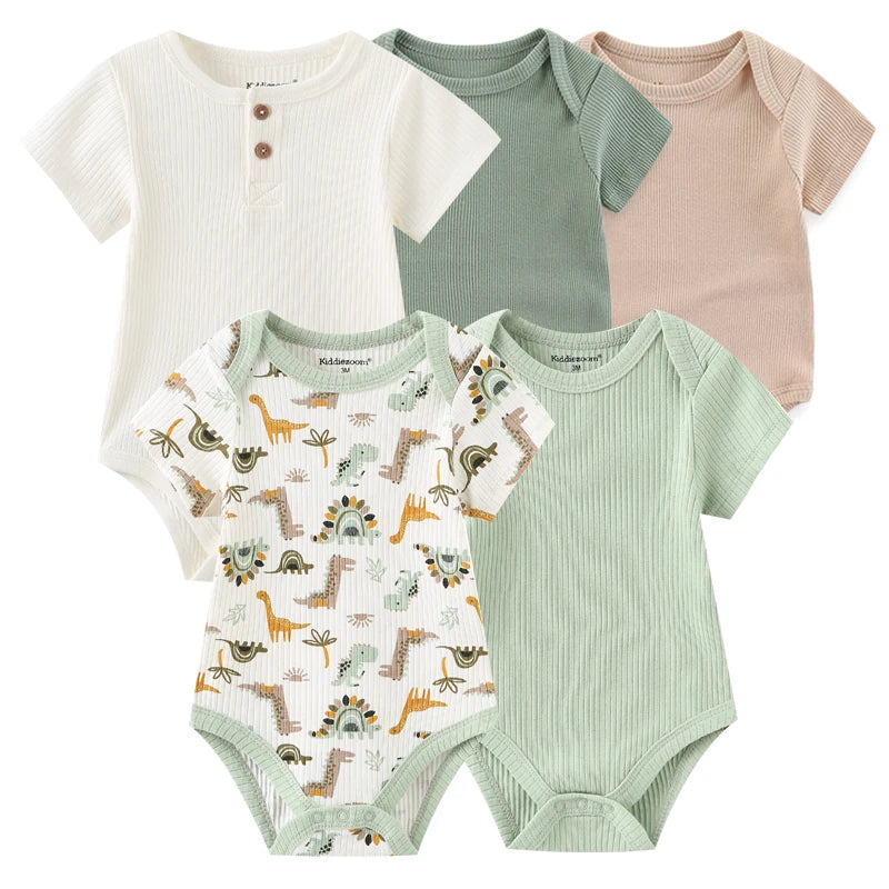 Set of 5 Summer Baby Bodysuits with Designs & Patterns – Unisex (0 to 6 months)