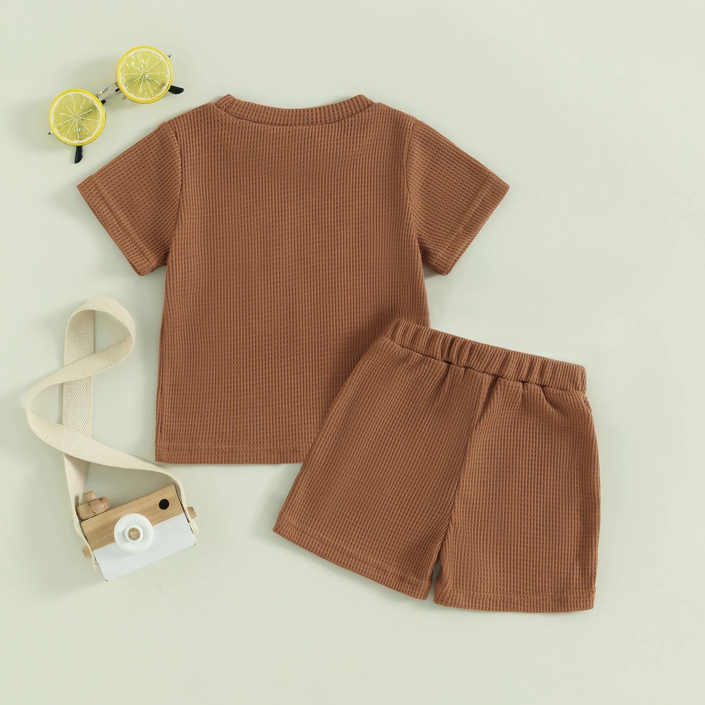 Summer Set for Boys with Embroidered Letter T-Shirt & Waffle Fabric Shorts – 2 Pieces (0 to 3 years)