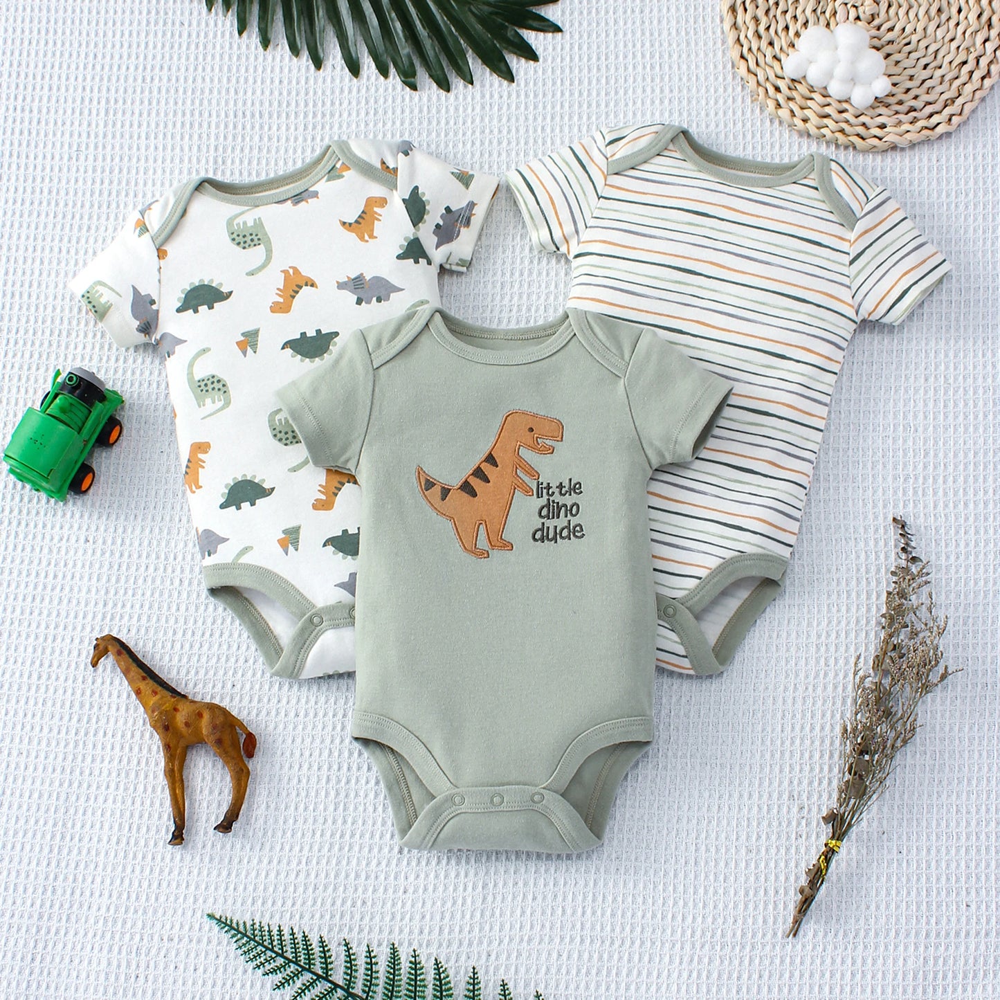 Boys' Onesie Set – Dinosaur and Stripes (3 pieces, 0–9 months)