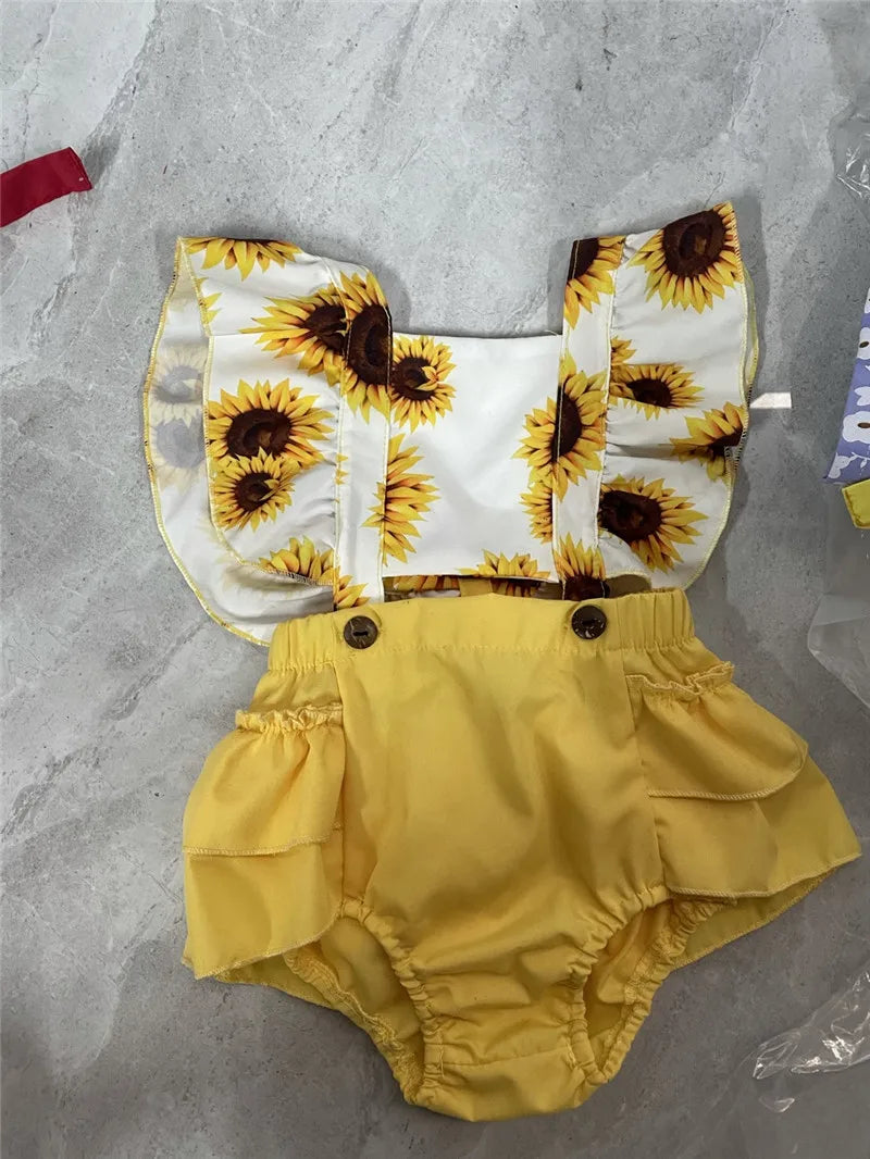 Sunflower Baby Romper Set – 0–24M | Bodysuit + Headband