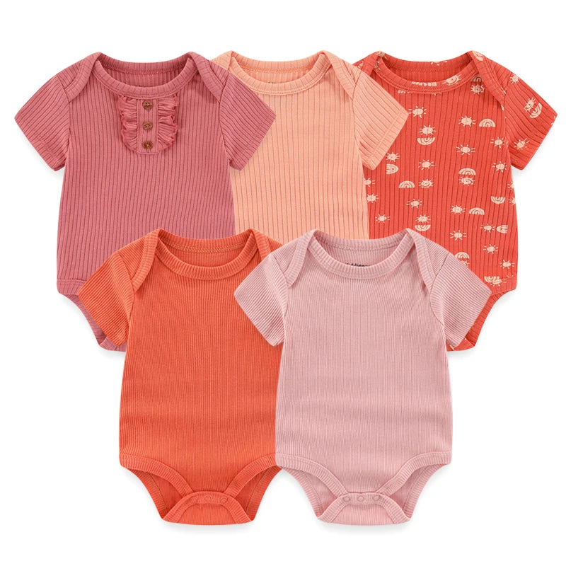 Set of 5 Summer Baby Bodysuits with Designs & Patterns – Unisex (0 to 6 months)