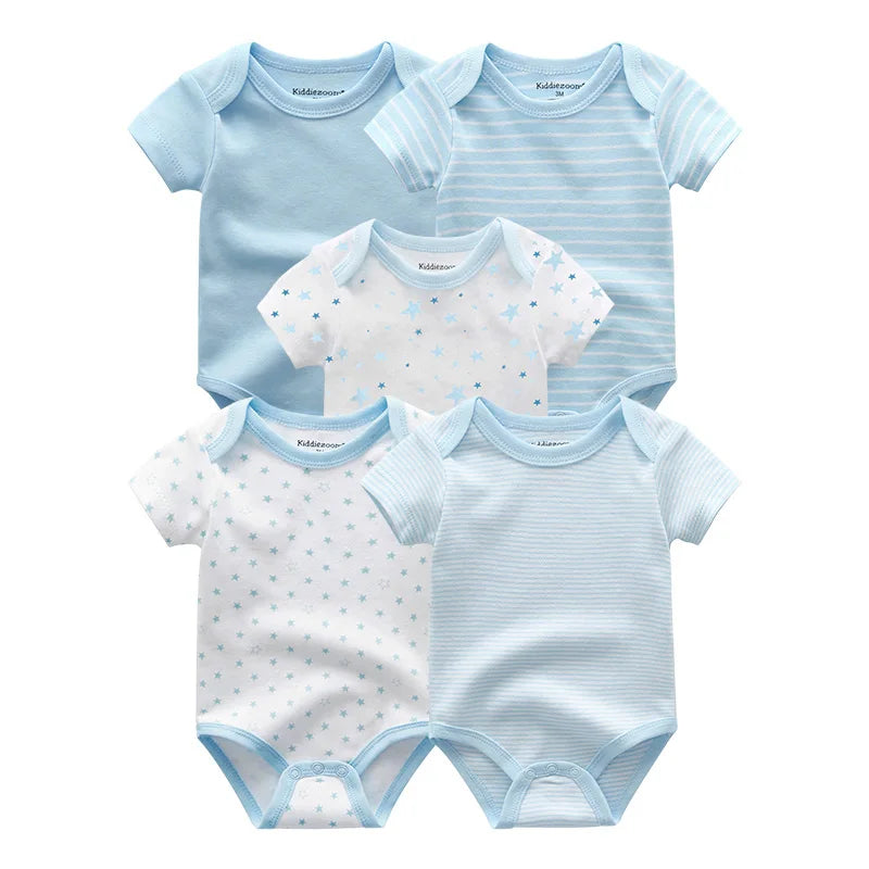 Set of 5 Summer Baby Bodysuits with Designs & Patterns – Unisex (0 to 6 months)