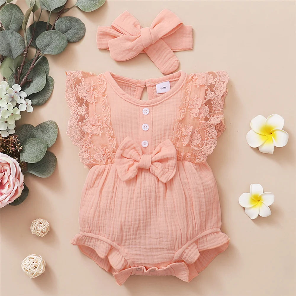 Baby Bodysuit Set with Lace Bow – Sleeveless, Solid Color | 0–18 Months