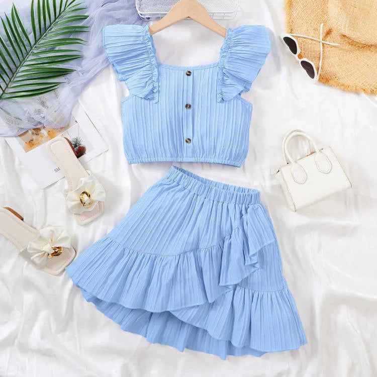 Summer Princess Set for Girls – Ruffle Blouse & Solid Short Skirt (8-12 Years)