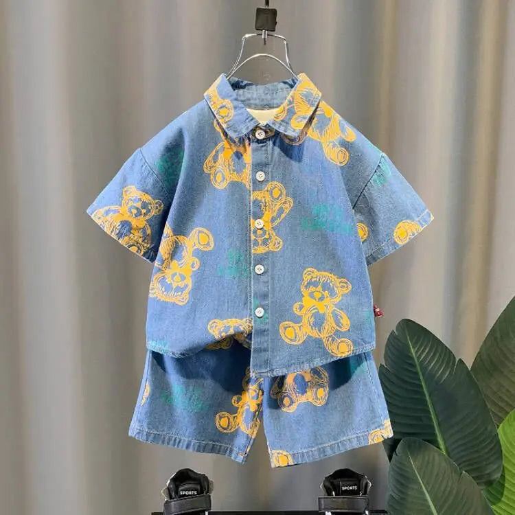 Summer Set for Boys – Teddy Bear T-Shirt & Denim Shorts (2–6 Years)