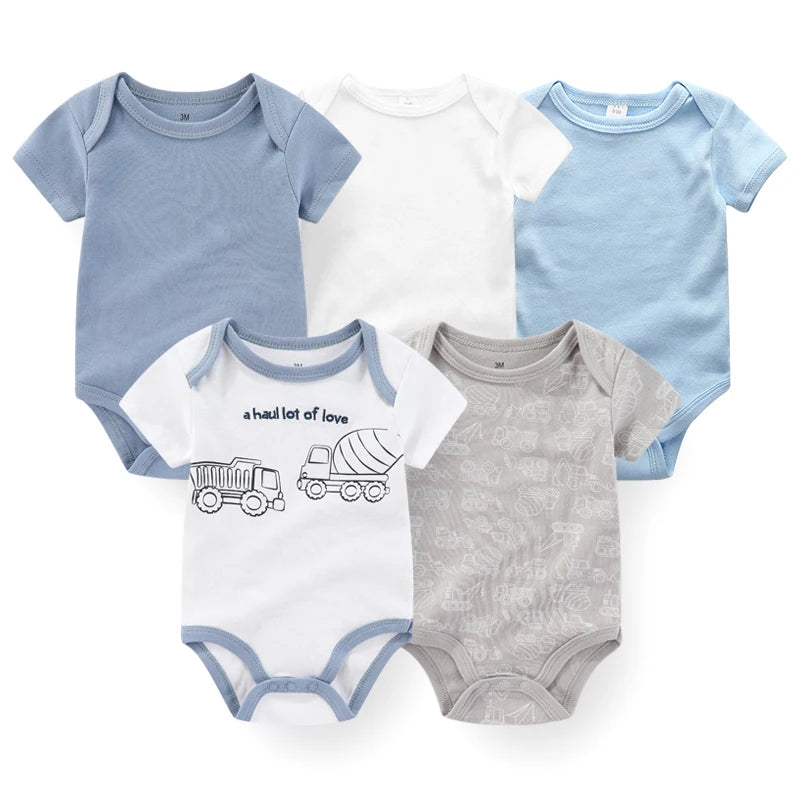 Set of 5 Summer Baby Bodysuits with Designs & Patterns – Unisex (0 to 6 months)