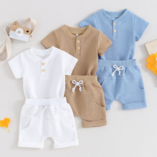 Summer Baby Set for Boys with Button-Up Top &amp; Shorts Made of Waffle Fabric – 2 Pieces (0 to 12 months)