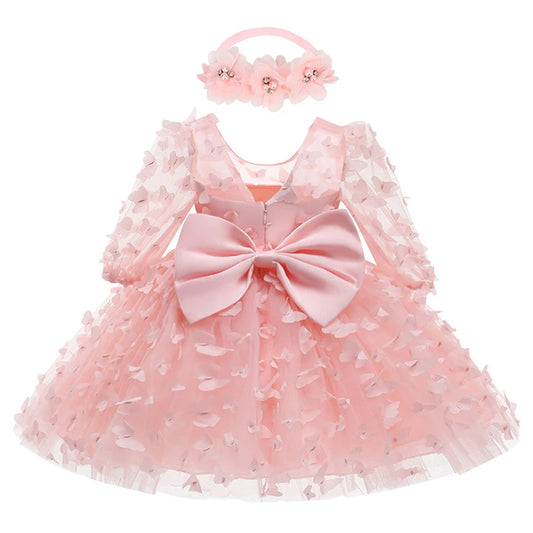 Baby Dress With 3D Butterflies and Set Bow