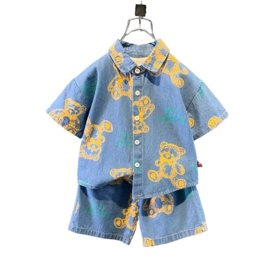 Summer Set for Boys – Teddy Bear T-Shirt &amp; Denim Shorts (2–6 Years)