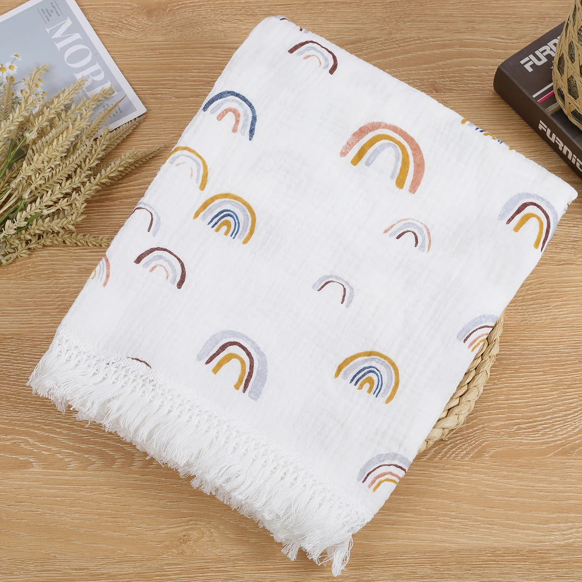 Double Guaze Tassel Swaddle Blankets For Baby Cotton Muslin