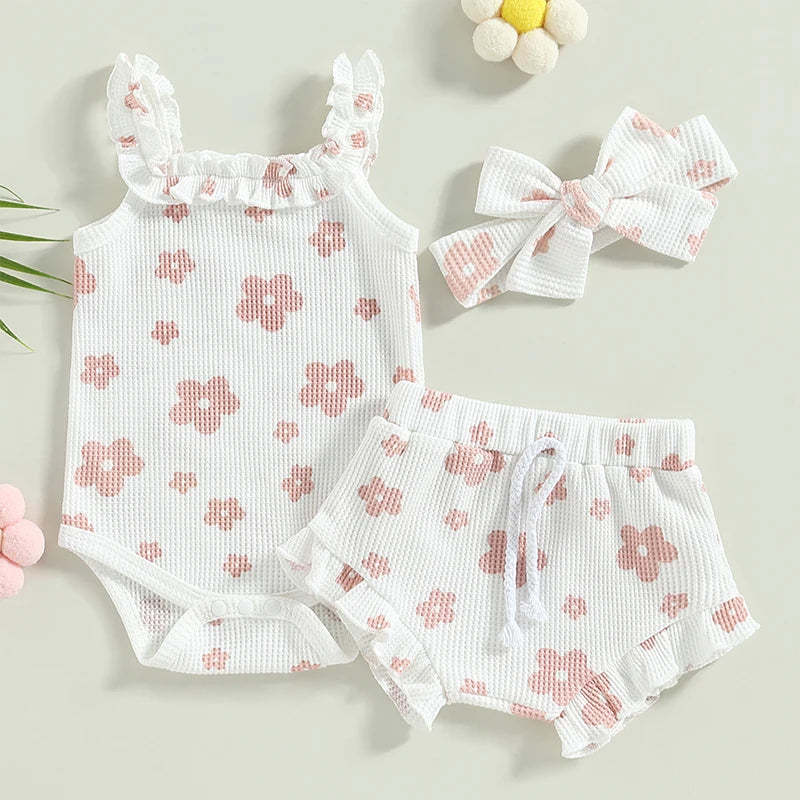 Floral Sleeveless Bodysuit + Shorts + Headband Set