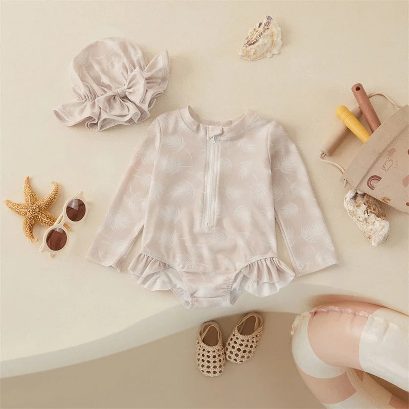 Flower Girls One-Piece Swimsuit with Hat Set