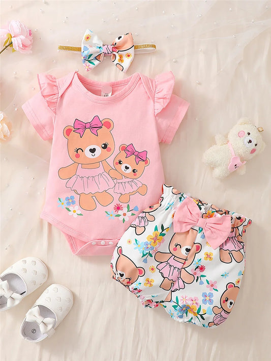 Cute Summer Set for Little Girls – Bodysuit, Shorts &amp; Headband (3 Pieces) (3 Months – 2 Years)