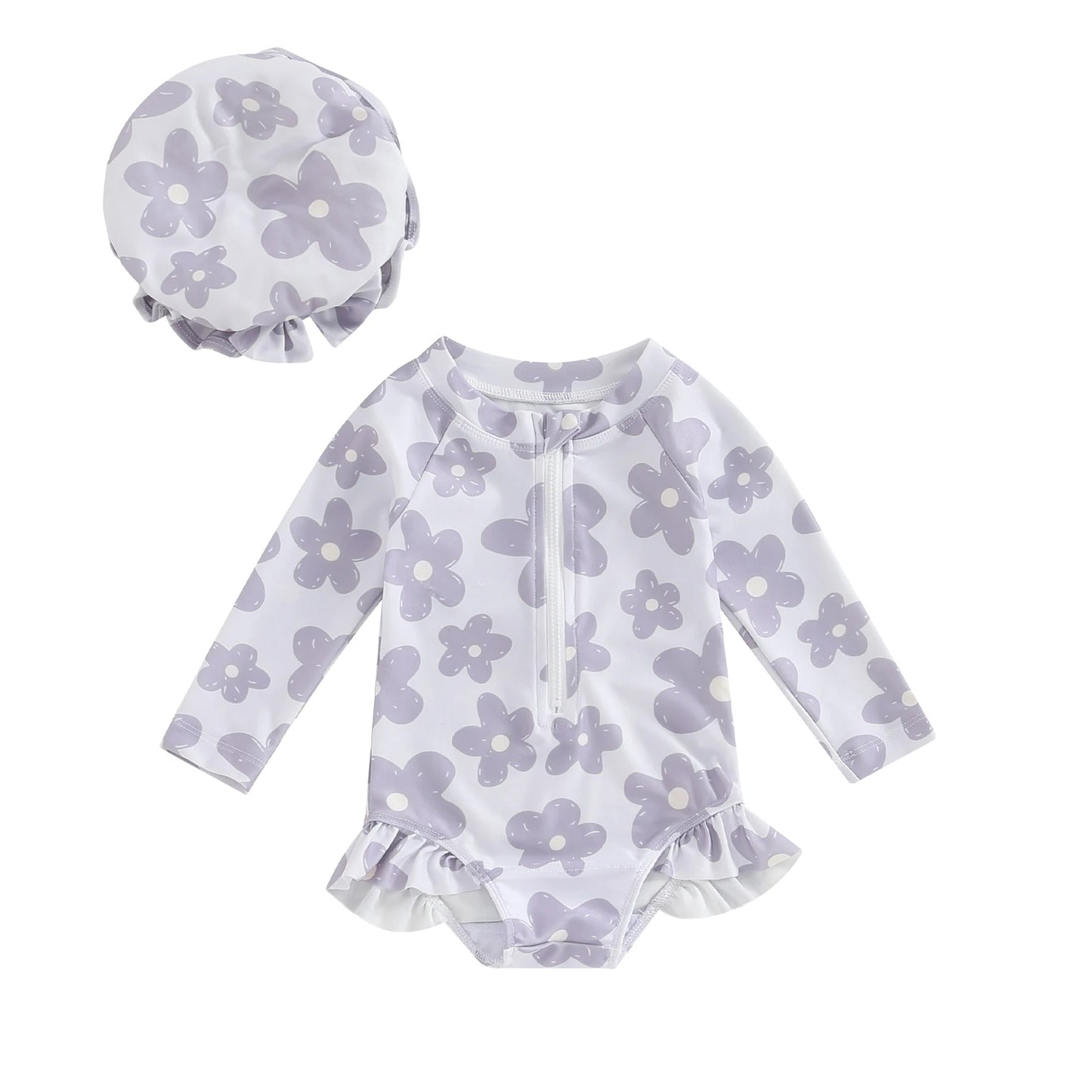 Flower Girls One-Piece Swimsuit with Hat Set