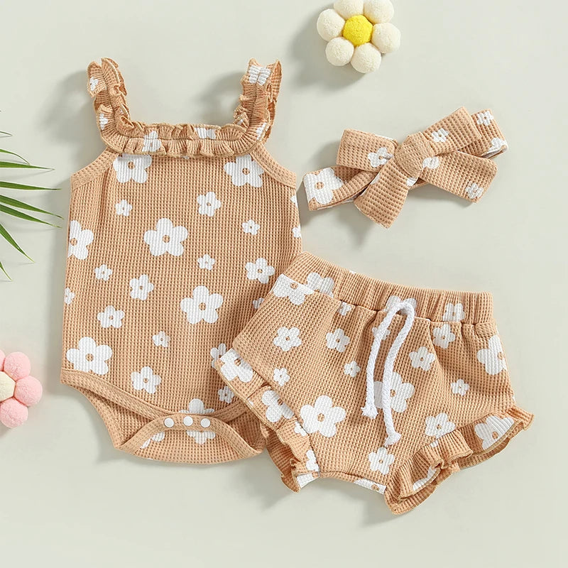 Floral Sleeveless Bodysuit + Shorts + Headband Set
