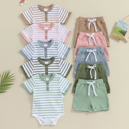 Baby Summer Striped Set with Buttoned Top &amp; Elastic Shorts – Unisex (0 to 18 months)