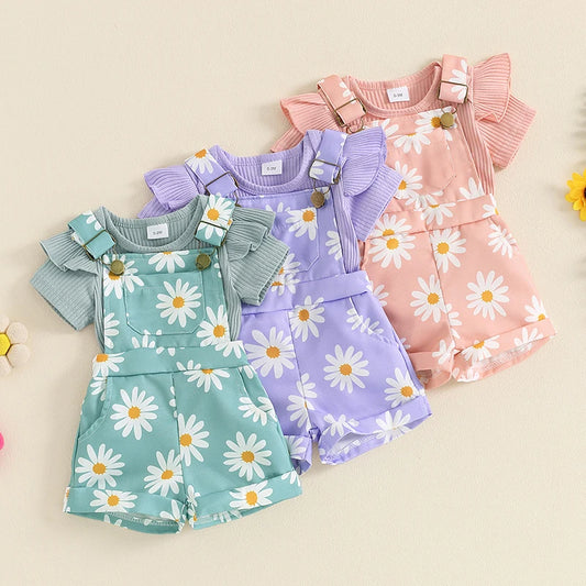 Baby Summer Set for Girls with Short Sleeve Top &amp; Floral Shorts with Suspenders – 2 Pieces (0 to 18 months)
