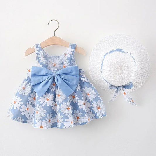 Dress With Daisys and Set Bow for Baby Girls