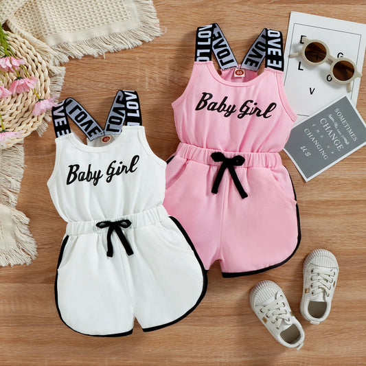 Summer Set for Girls – Sleeveless Round Neck Top &amp; Letter Print + Shorts with Elastic Waist (12 Months to 3 Years)