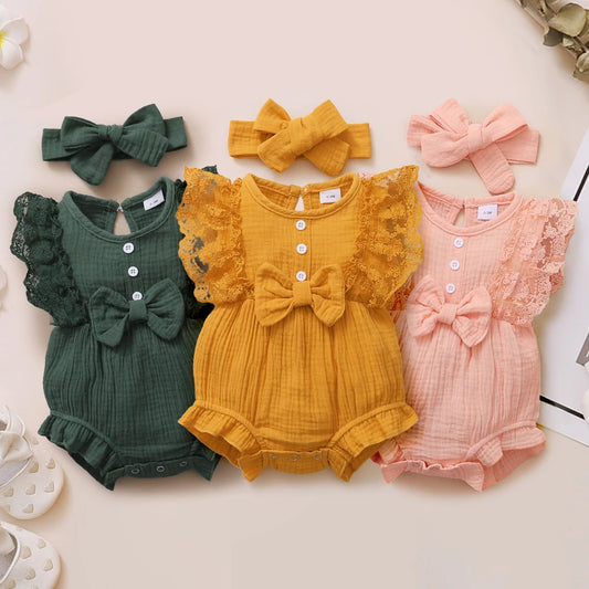 Baby Bodysuit Set with Lace Bow – Sleeveless, Solid Color | 0–18 Months