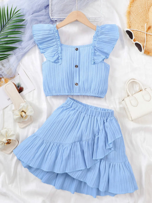 Summer Princess Set for Girls – Ruffle Blouse &amp; Solid Short Skirt (8-12 Years)