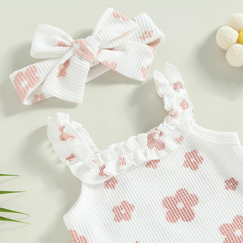 Floral Sleeveless Bodysuit + Shorts + Headband Set