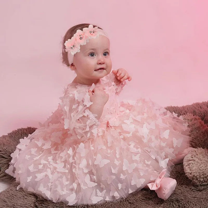 Baby Dress With 3D Butterflies and Set Bow