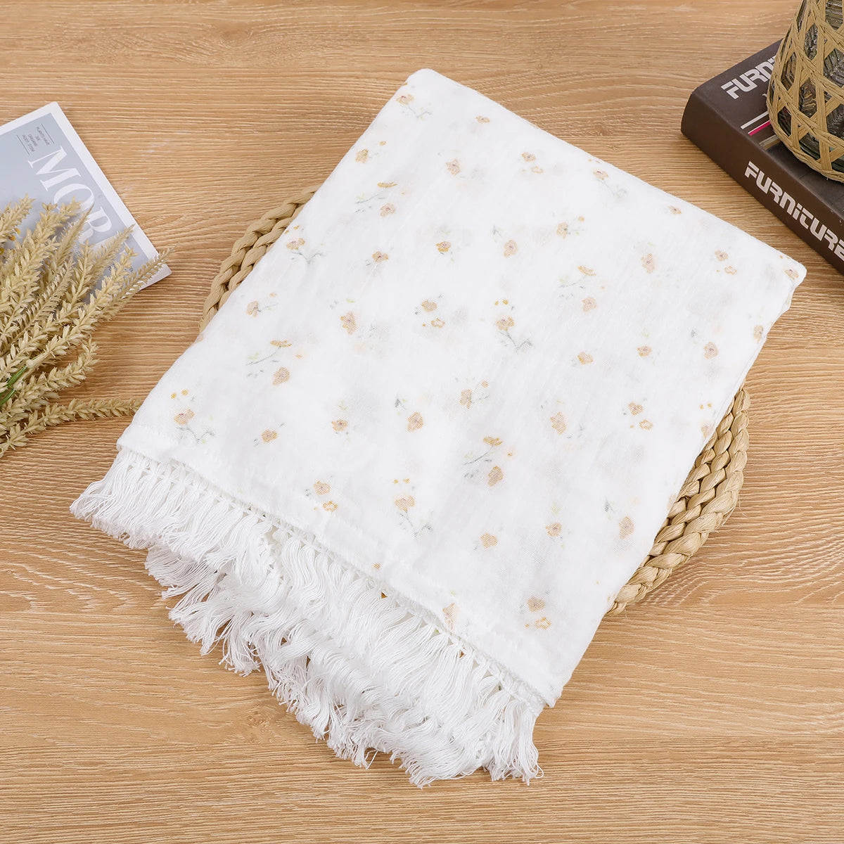 Double Guaze Tassel Swaddle Blankets For Baby Cotton Muslin