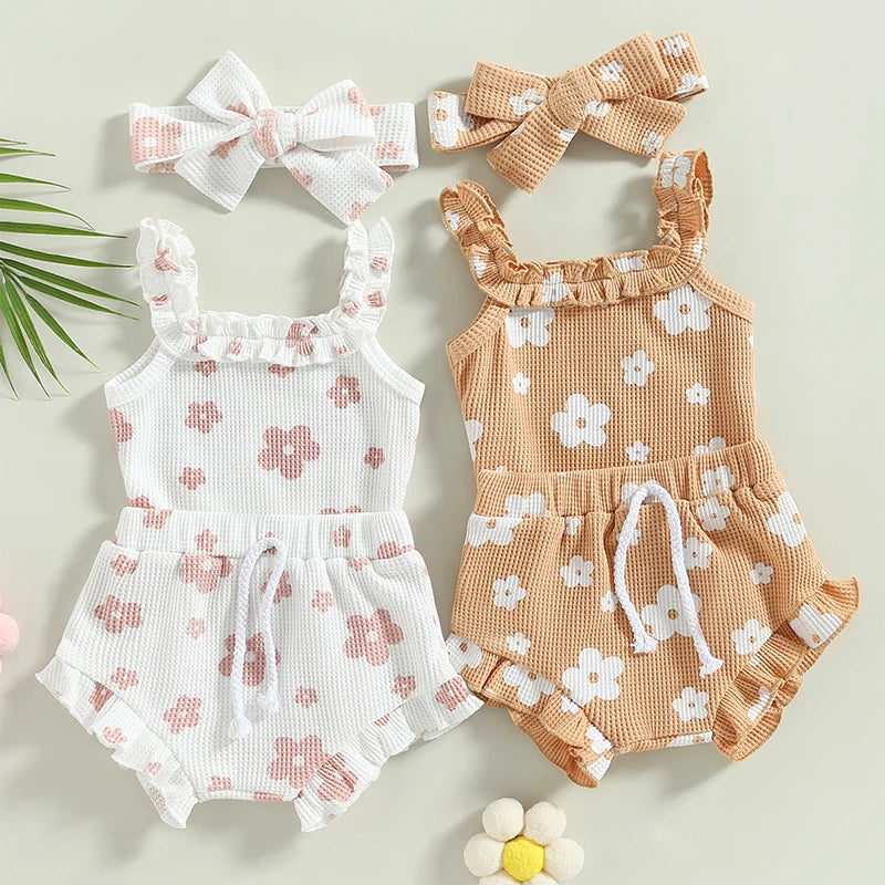 Floral Sleeveless Bodysuit + Shorts + Headband Set