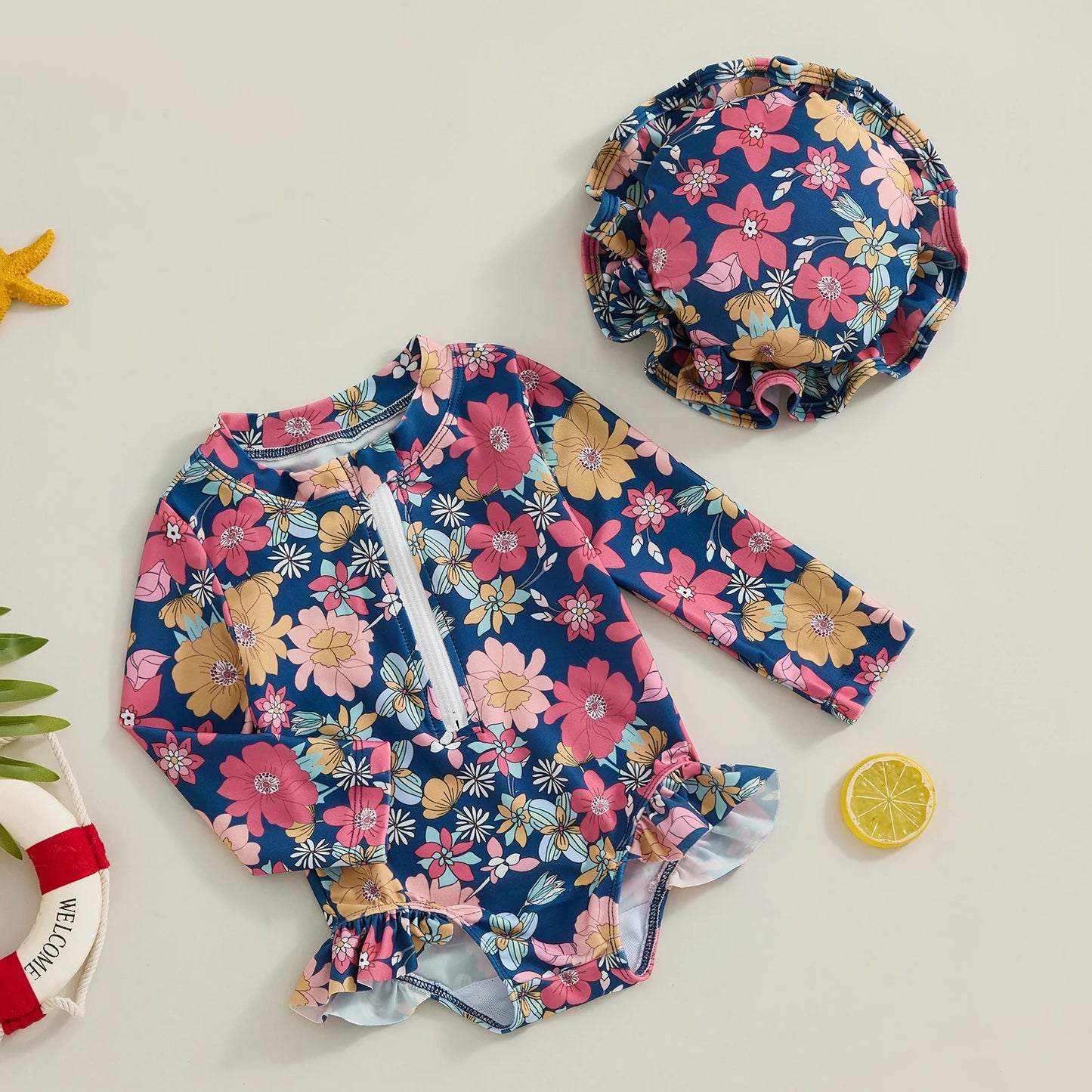 Floral Σετ μαγιό και φράουλα με καπέλο
