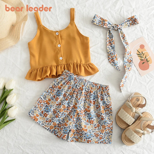 Summer Clothing Set for Girls – Tank Top with Solid Color Blouse &amp; Floral Shorts (2 Pieces) for 3 to 7 Years