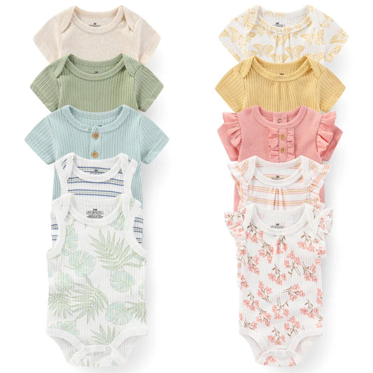 Set of 5 Summer Baby Bodysuits with Designs &amp; Patterns – Unisex (9 to 12 months)