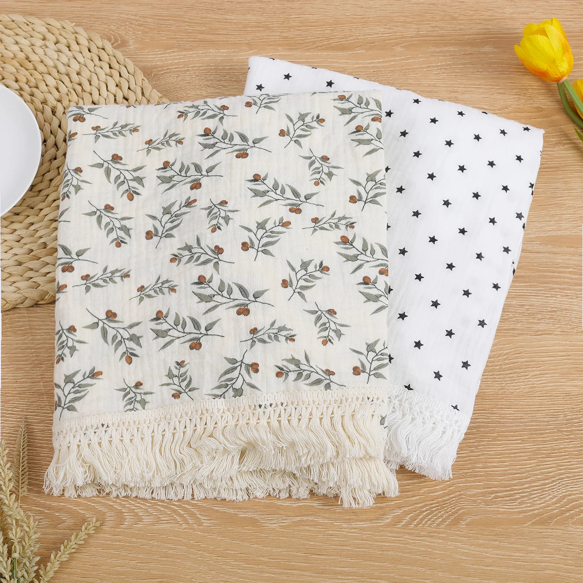Double Guaze Tassel Swaddle Blankets For Baby Cotton Muslin