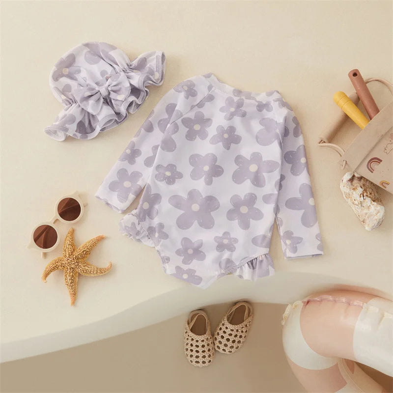 Flower Girls One-Piece Swimsuit with Hat Set