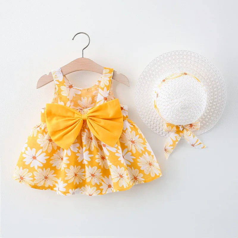 Dress With Daisys and Set Bow for Baby Girls