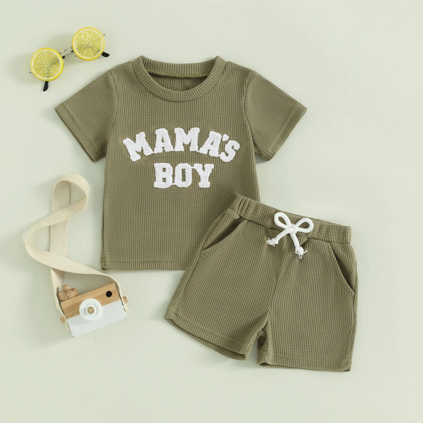 Summer Set for Boys with Embroidered Letter T-Shirt &amp; Waffle Fabric Shorts – 2 Pieces (0 to 3 years)
