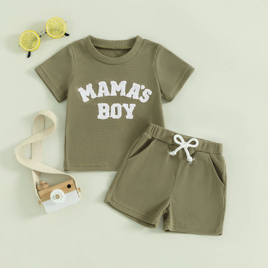 Summer Set for Boys with Embroidered Letter T-Shirt &amp; Waffle Fabric Shorts – 2 Pieces (0 to 3 years)