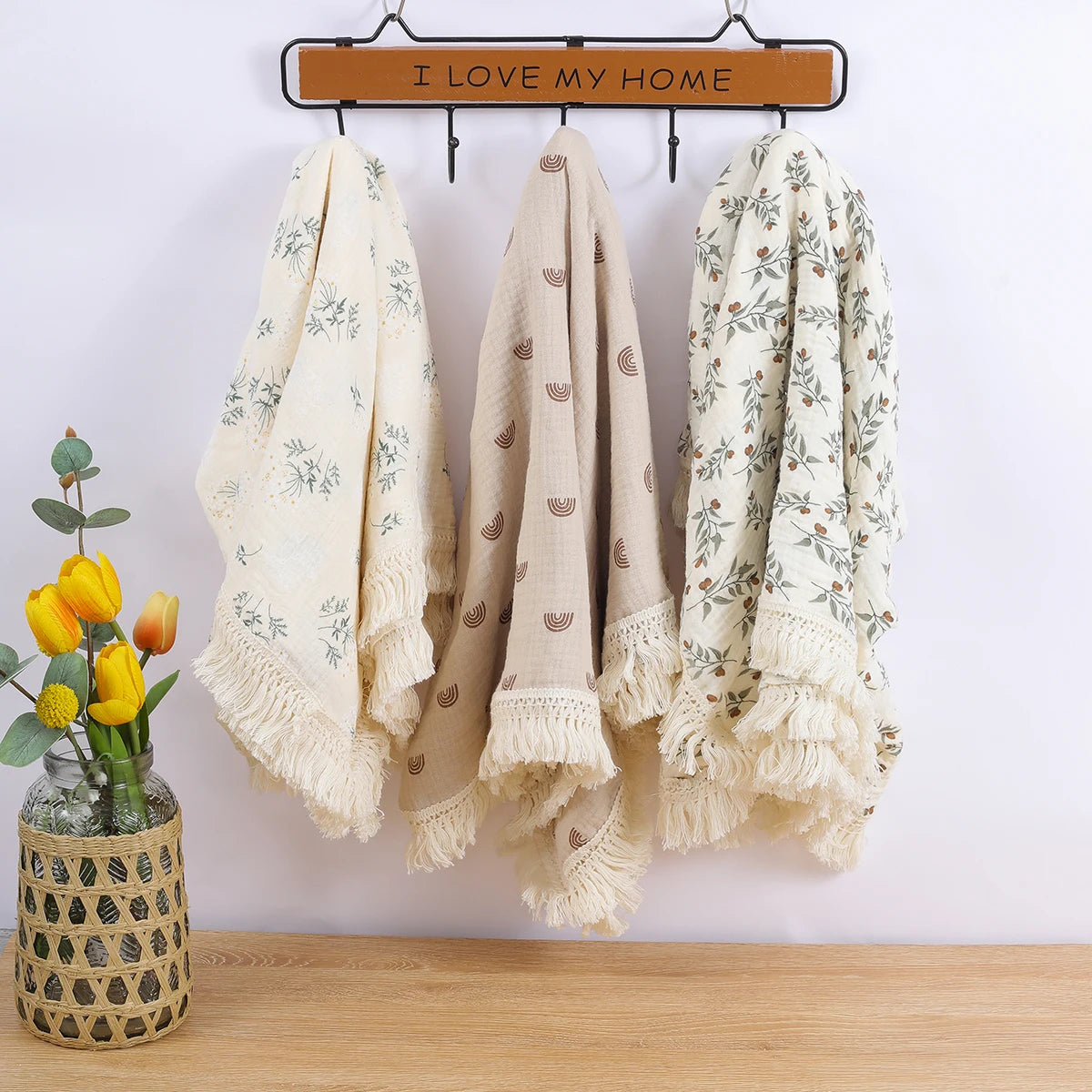 Double Guaze Tassel Swaddle Blankets For Baby Cotton Muslin