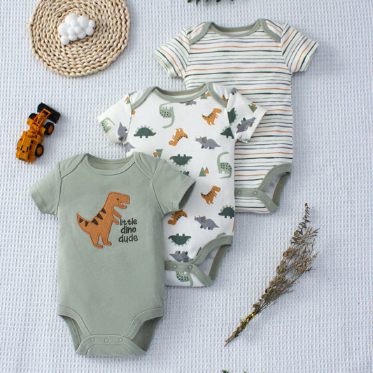 Boys' Onesie Set – Dinosaur and Stripes (3 pieces, 0–9 months)